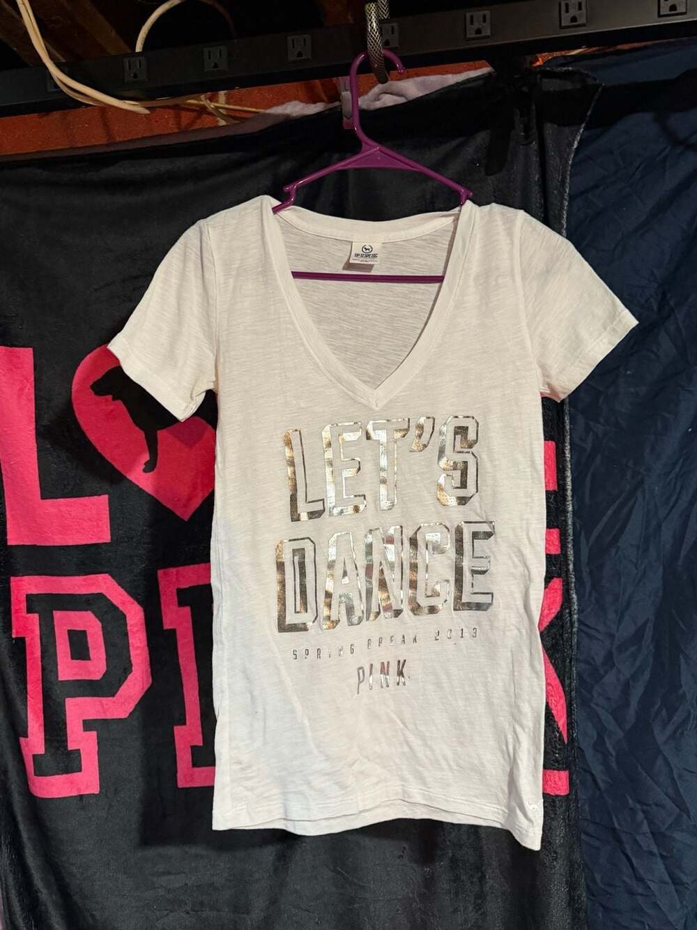 Victoria's Secret PINK Spring Break 2013 Let's Dance Silver Foil V-Neck Tee XS